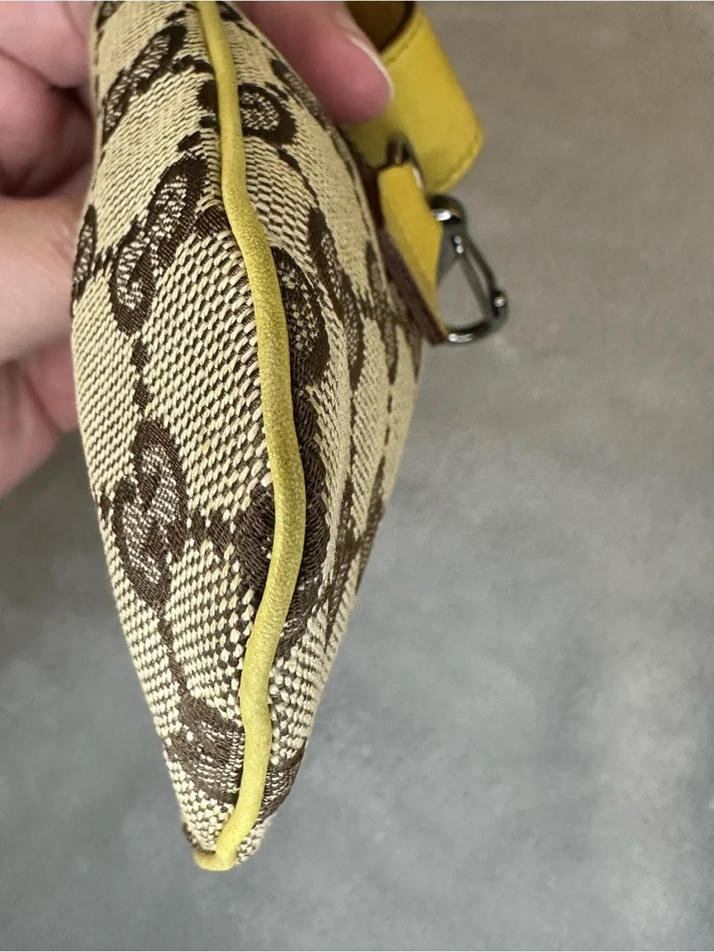 Gucci GG Canvas Mini Pouch Bag Charm Yellow Leather Clip